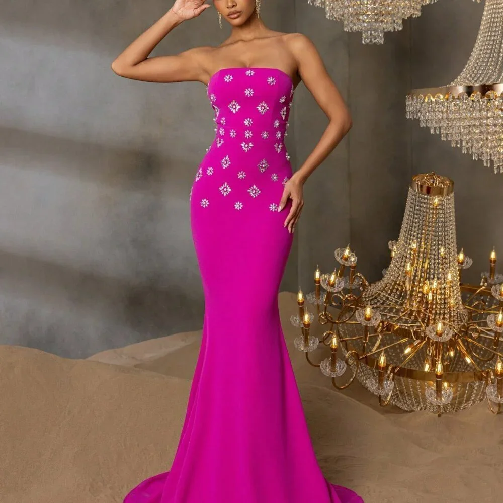 Hot Pink Elegant Women's Formal Maxi Dress with Strapless Sweetheart Neckline